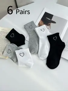 6 Pairs Heart Pattern Socks Set for Girls & Teens, Mid-Calf, Breathable Moisture-Wicking, Casual Sports Style, Fitted Casual Socks
