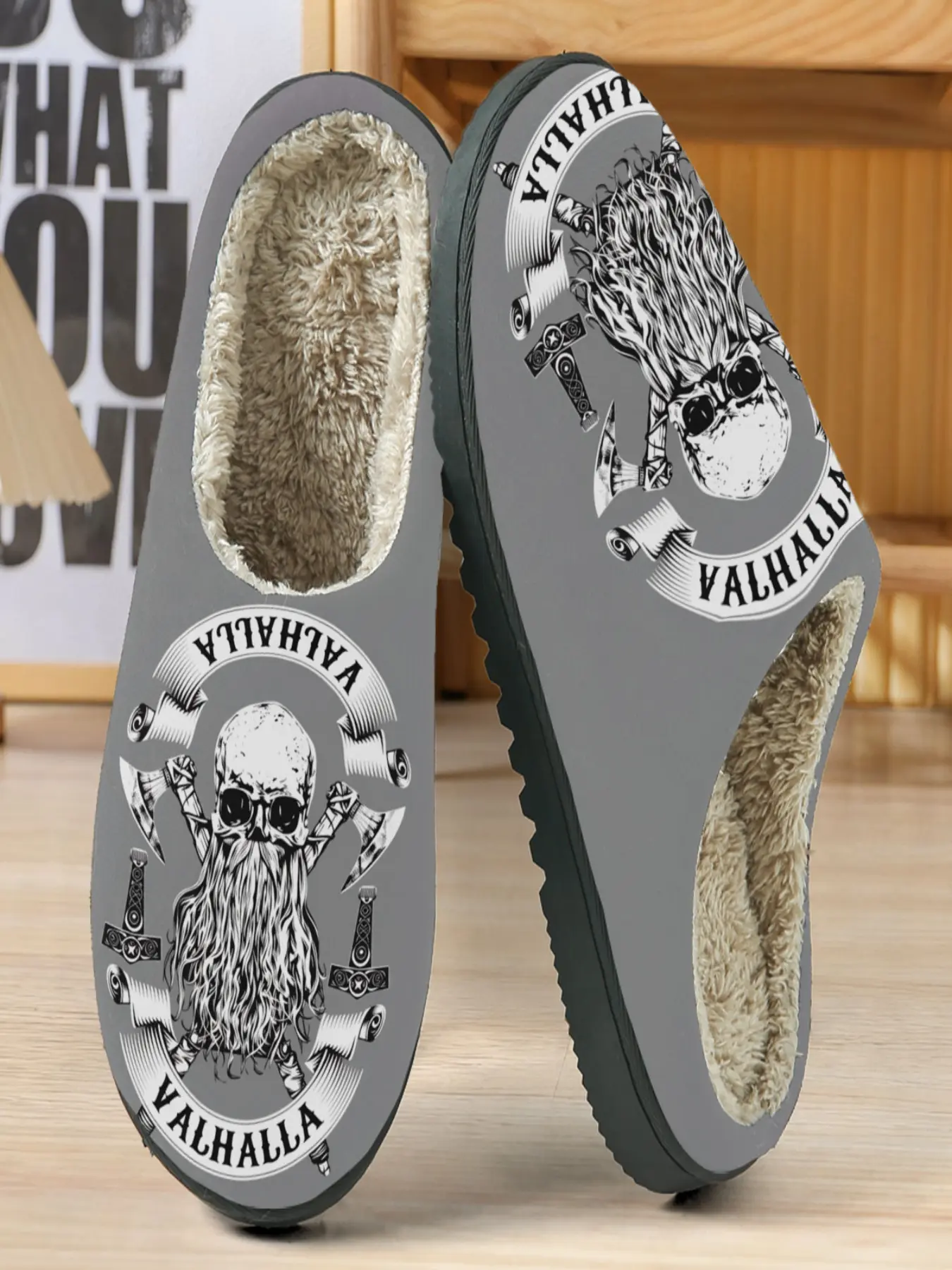 Viking Style Skull Print Ultra-Hardcore Shoes, Warm Fleece Lining, Anti-Slip Soft Sole, Casual Home Comfort, Nordic Mythology Design
