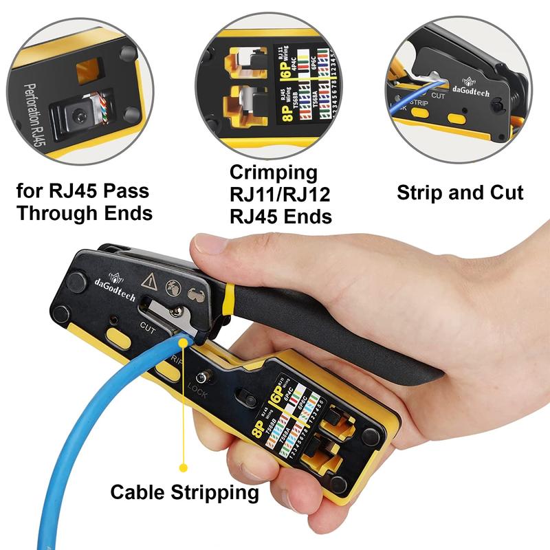 daGodtech RJ45 Ethernet Network Tool Kit Pass Through Cat6 Crimping Tool for RJ45 RJ11 RJ12 Cat5e Cat7 Cat8 Ethernet Cable Tester Stripper Crimper Tool Set with 40 Connectors & Boots Included Battery