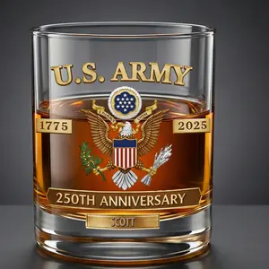 Personalized U.S. Army 250th Anniversary Whiskey Glass 11oz | UV Printed Military Gift with Custom Name | 1775–2025