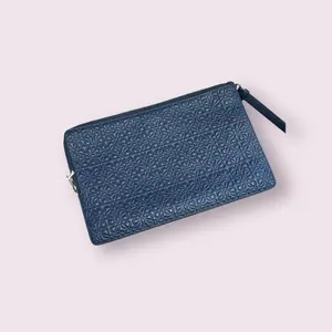 Pre-owned Loewe Calfskin Leather Clutches & Wristlets Anagram Double Flat Pouch (Navy)
