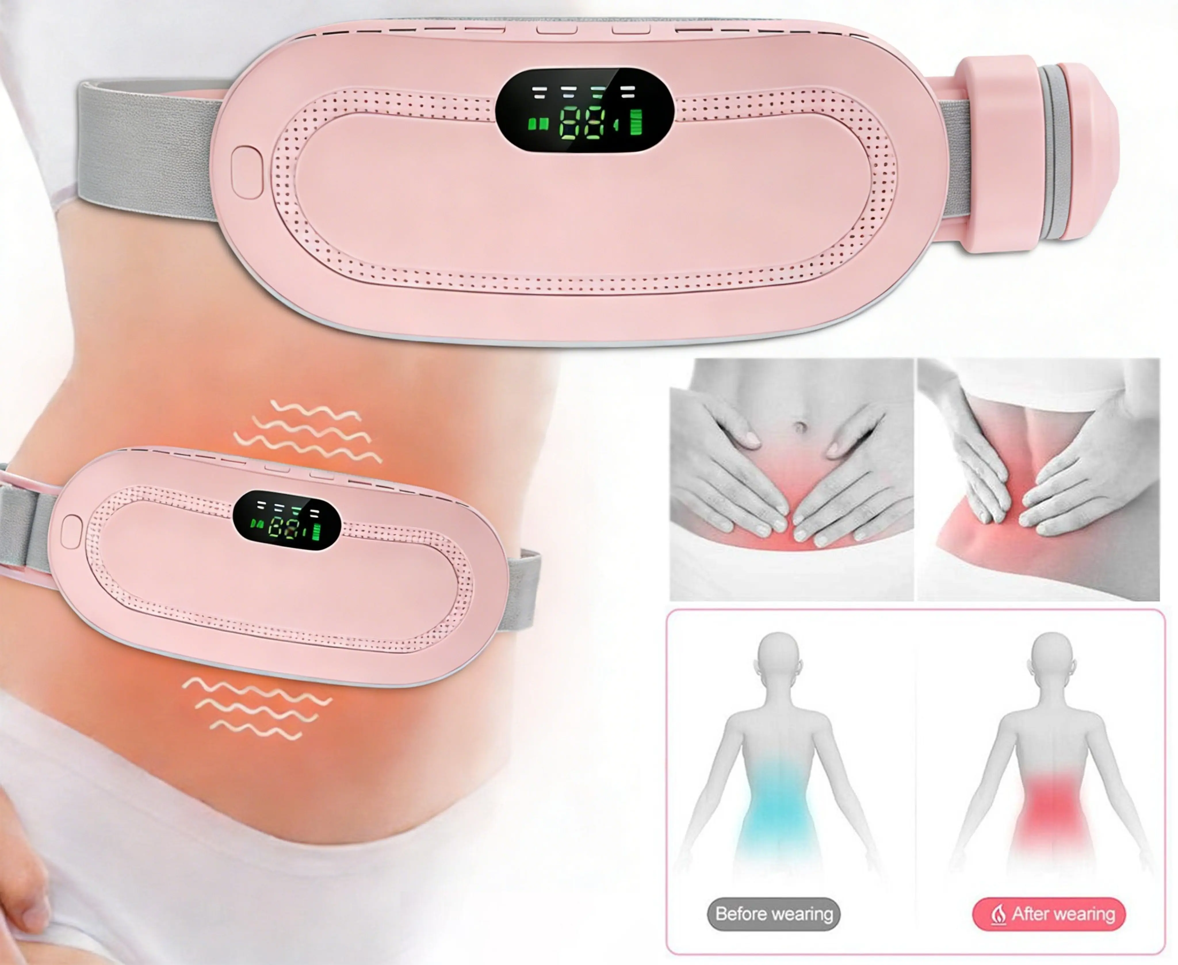 Wearable Heating Pad - Cordless Rechargeable Ergonomic Plastic Waist & Lower Abdomen Warmer with 3 Heat Levels, 3 Vibration Modes, LED Display, Adjustable Design for Daily Relief at Home, Office