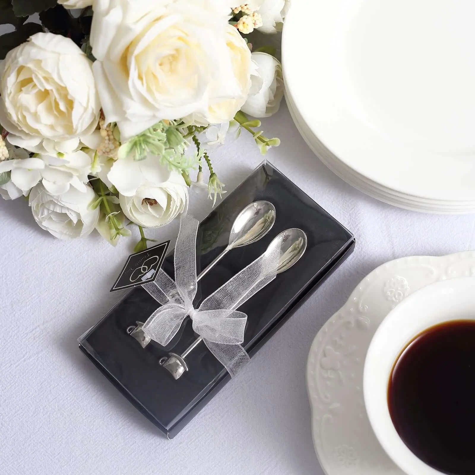 Silver Metal Couple Spoons Set - 2 Pack, 4" Tableware Cutlery, Pre-Packed Wedding Souvenir Party Favors