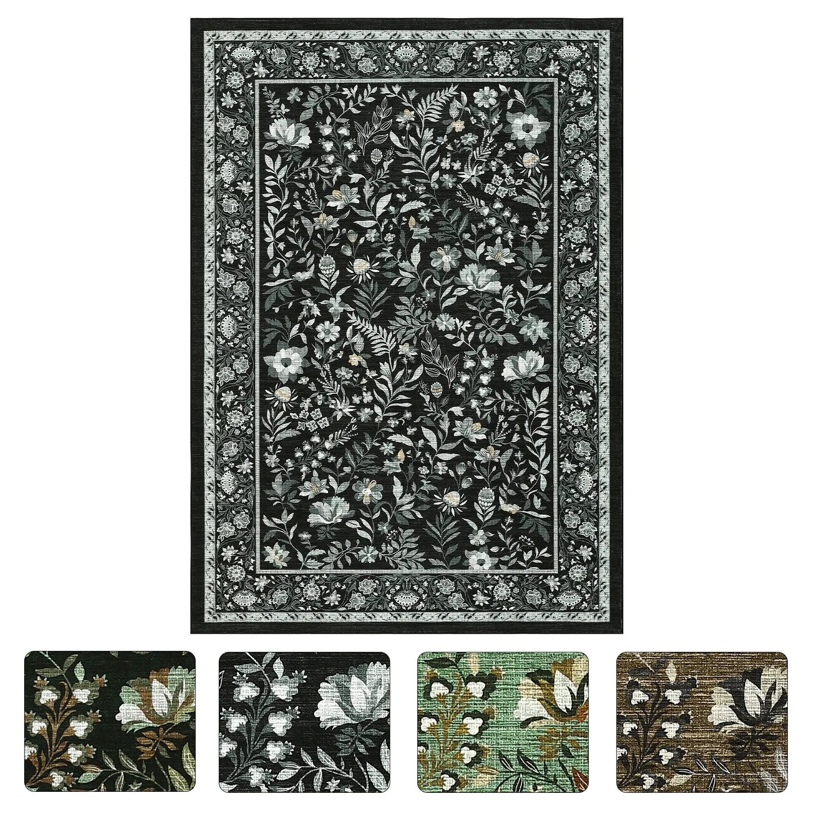 5x7 ft Polyester Rectangular Area Rug, Black Foldable Floral Print Modern Washable Rug for Hallway, Bathroom, Four-Cornered Area Rugs