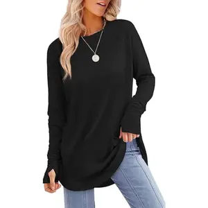 Womens Tunic Tops to Wear with Leggings Long Sleeve Thumb Hole Shirts Crew Neck Curved Hem Fashionable Casual Style