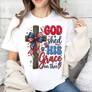 Casual Patriotic Women's T-Shirt With American Flag Cross And God Shed His Grace On Thee Design For Summer And Holiday Wear Perfect Gift For Christian Lovers And Family