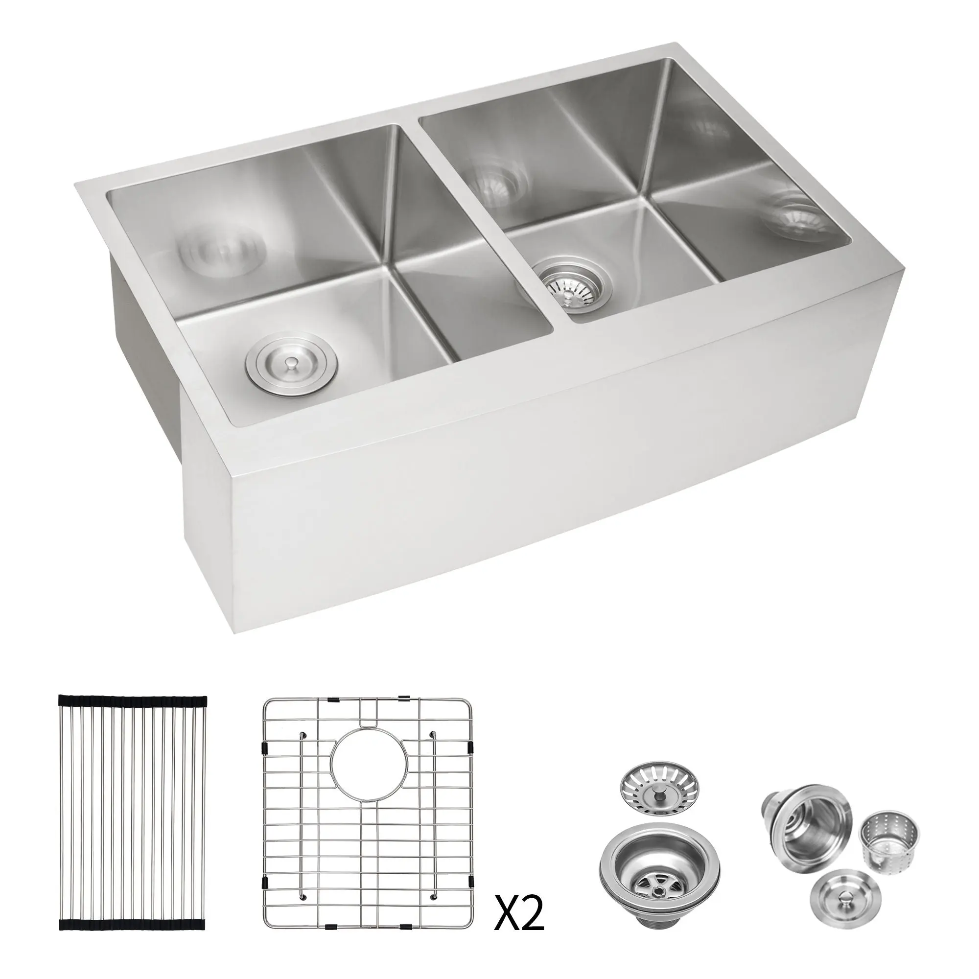 Double Bowl Farmhouse Sink, Stainless Steel Apron Front Kitchen Sink 16 Gauge - Brushed Nickel