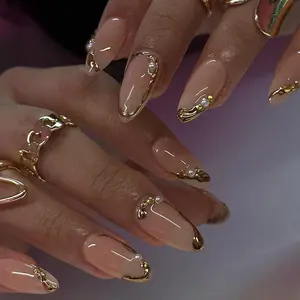 Household daily necessities Almond Press on Nails Medium Glue on Nails Gold French Fake Nails 3D Gold Lines & Pearl Acrylic Nails Nude Translucent Nails Press ons Simple & Reusable Stick on Nails for Women 24 Pcs