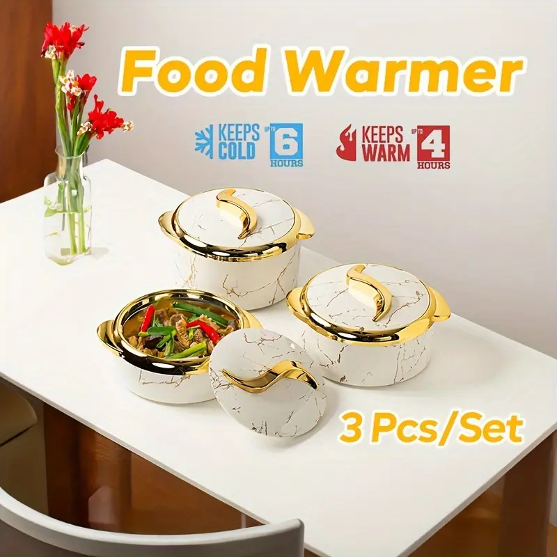 3pcs, Food Warmer, Insulated Stainless Steel Food Warmers With Lids, Hot & Cold Food Storage, Buffet Serving Bowls, Keeps Food Hot Or Cold, Multi-Color Thermal Casserole Dish Set, Ideal For Parties, Buffets, Outdoor Work, 1.5L + 2L + 2.5L,christmas gift