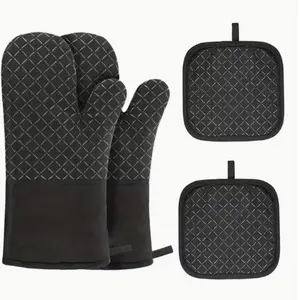 Oven Mitts & Pot Holder Set, 4pcs Heat Resistant Cooking Gloves, Non-Slip Kitchen Utensils for Baking and Grilling