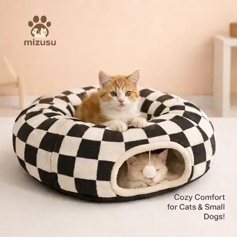 Mizusu 2-in-1 Play & Nap Sherpa Fleece Round Pet Bed - Soft Shaggy Plush Tunnel, Machine-Washable Inner Cushion, Peekaboo Cave, Fashionable Patterns, Cozy Kitten Condo for Cats & Small Dogs, Kitten Bed for Play + Sleep