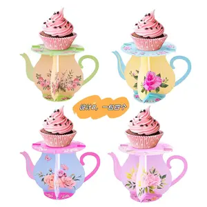 4PCS Tea Party Decorations Small Teapot Cupcake Stand Teapot Party Favors Vintage Tea Table Decorations Flower Cake Dessert Stand for Baby Shower Birthday Wedding Women Girl Supplies Cupcake Stand Set