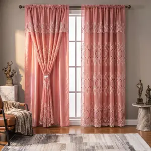 2-Panel Geometric Diamond Embroidery Doli Curtains - 52"x84" Double Layer with Waterfall Valance & Rod Pocket, 2 Panels Quantity per Pack, Living Room Decor, Curtains for Bedroom Textile QF18