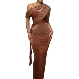 2024 New Solid-Brown Split-Suspender Dress for Women - Fashionable Heart-Shaped Neckline Sexy Body-Hugging Formal Workwear Basic Minimalist Polyester Dress