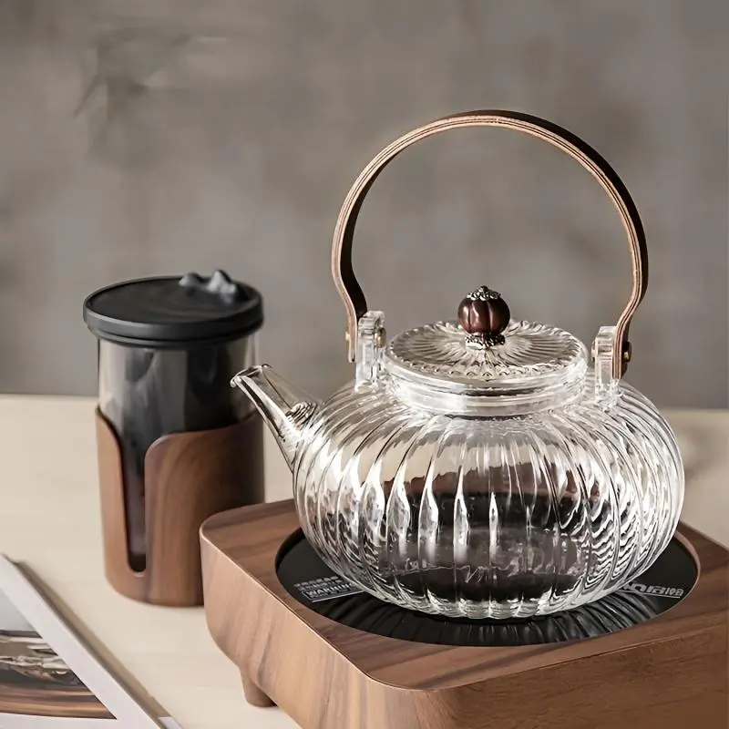 Heat-resistant Glass Teapot With Tea Filter, 1 Count Thickened Glass Tea Pot With Wooden Handle, Home Kitchen Supplies, Teapot With Strainer, Kitchenware