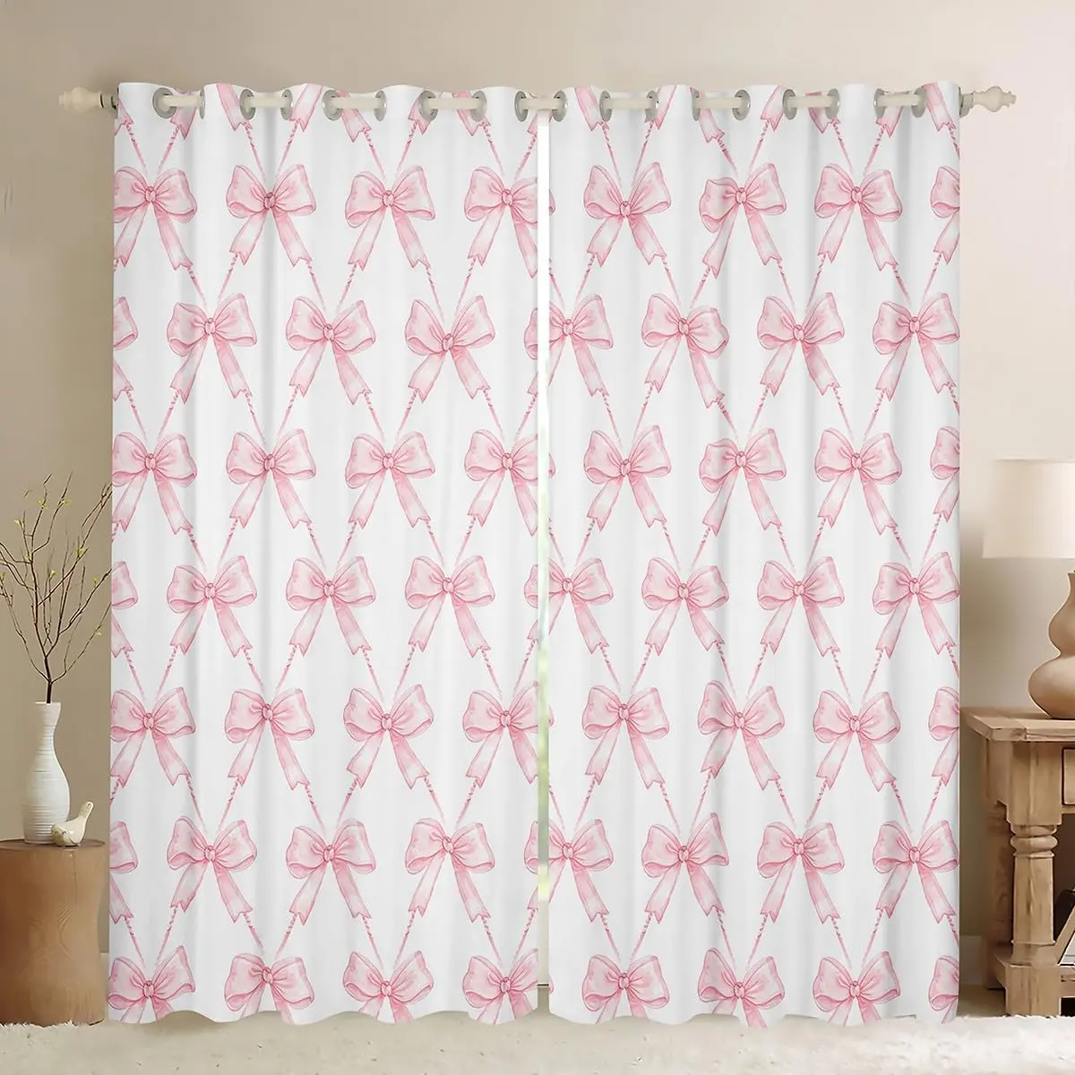 Feelyou 30%-50% Room Darkening Blackout Curtains (2 Panels) - Pink Kawaii Bowknot Design, Easy Install Privacy Grommet Curtains, Kids Room Decor Window Treatments, Easy Install Curtain