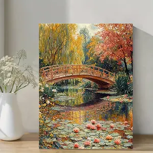 1pc Vintage Wooden Framed Canvas Painting - Claude Monet's Garden in Giverny Serene Landscape Art, Handcrafted Wrapped Canvas Print with Vibrant Colors & Brushstroke Details, 11.8x15..7 Inch Wall Decor for Home, Office, Living Room, Office Decoration