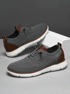 Men's Gray-Brown Knit Breathable Casual Shoes: Mesh Hollow + Soft Anti-Slip Sole, Daily Commute Versatile Shoes