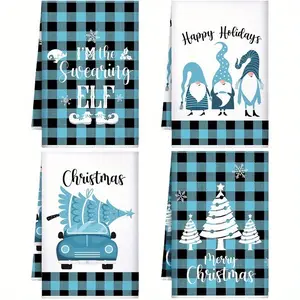 Set of 4 Christmas Kitchen Towels, 16x24 Inch Printed Dish Cloths, Winter Snowflake Truck Hand Towels, Farmhouse Tea Towels, Holiday Decorations