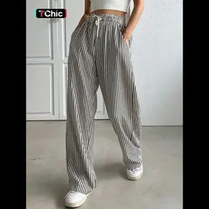 Women's Striped Print Drawstring Waist Wide Leg Pants, Casual Pocket Trousers for Summer, Women's Bottoms for Daily Wear