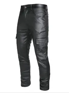 Men's Solid Color PU Leather Casual Pants, Regular Size, Slim Fit Multiple Pockets, Mid Waist Button Sewn Style, Suitable for Daily Wear