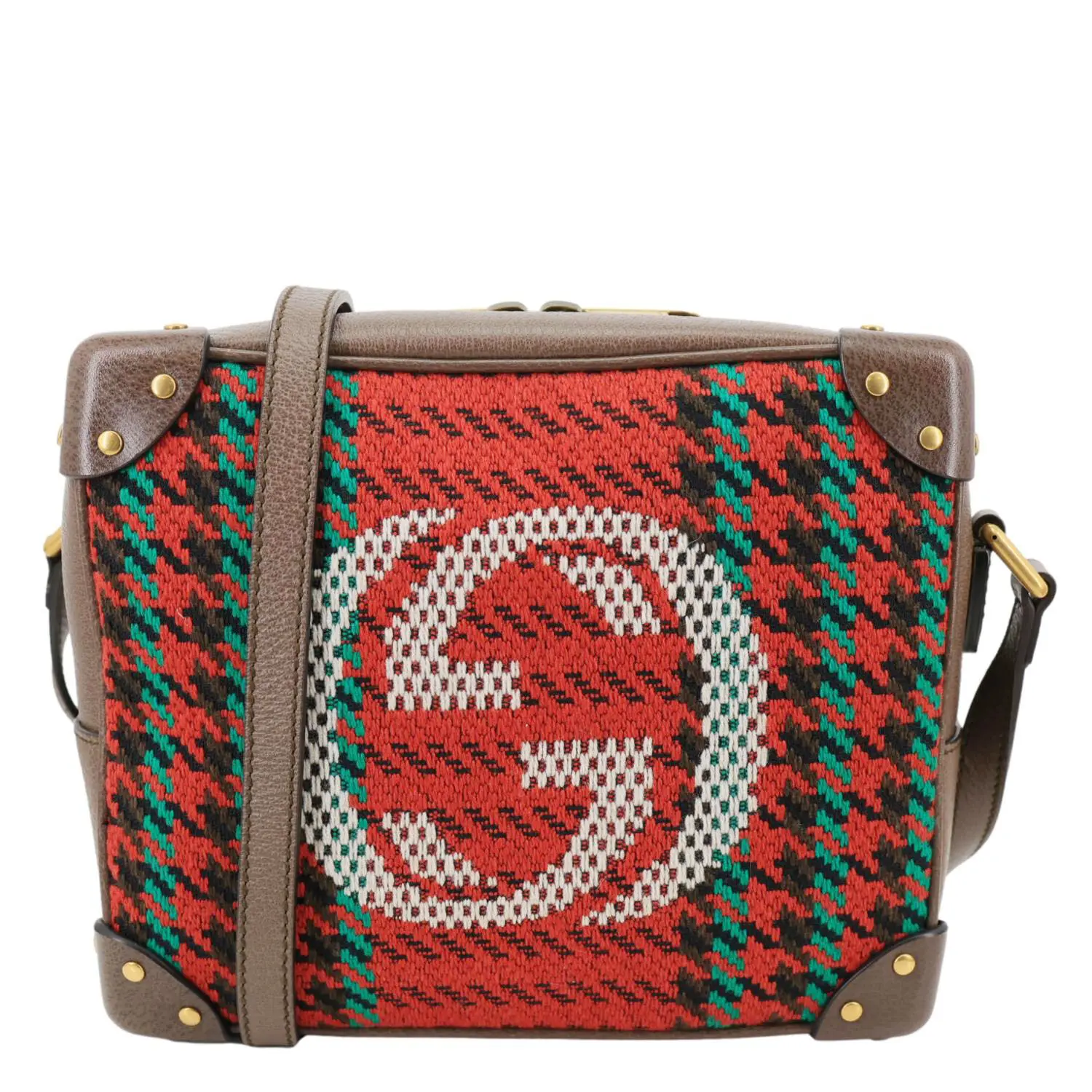 Pre-owned GUCCI Houndstooth and stripe wool with leather Shoulder Bags Houndstooth Stripe Interlocking G Trunk Shoulder Bag Red 626363