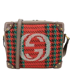 Pre-owned GUCCI Houndstooth and stripe wool with leather Shoulder Bags Houndstooth Stripe Interlocking G Trunk Shoulder Bag Red 626363