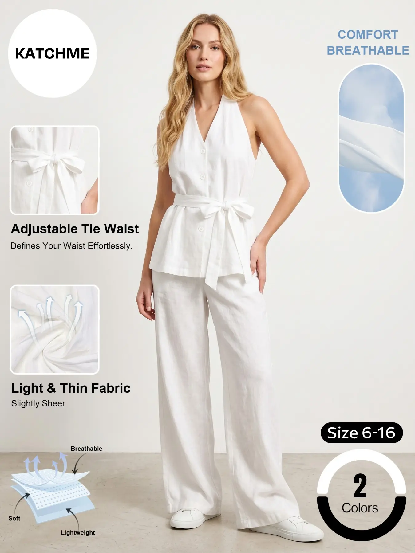 Women's Casual Elegant V-Neck Waist Tie Belt Sleeveless Button Top & Wide Leg Trousers Co-ord, Breathable Solid Color Anti-Pilling Two Piece Sets, Loose Wrinkle-Resistant Outfits Clothes