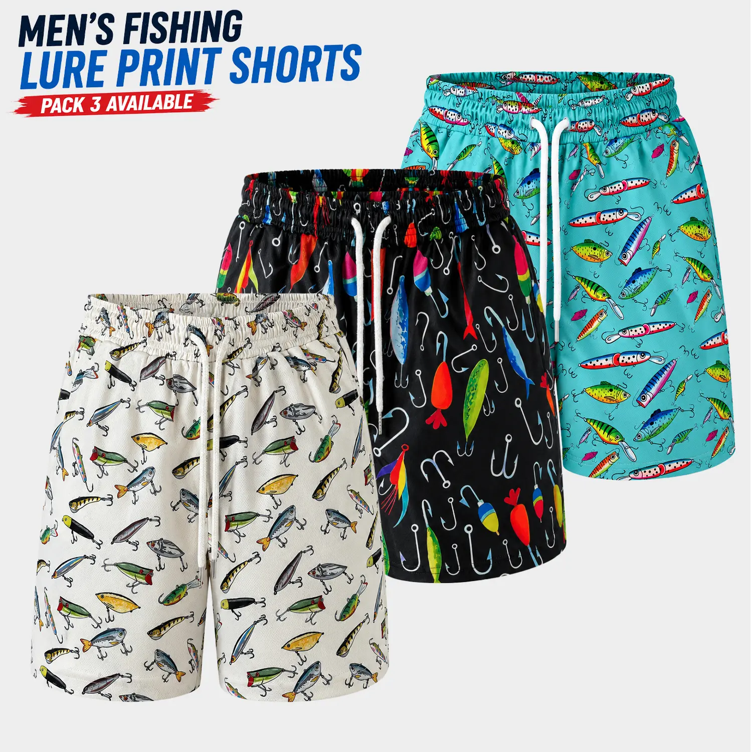 Men's Fishing Lure Print Shorts, 5 Inch Inseam Athleisure Casual Shorts, Lightweight Quick-Dry Fabric for Gym & Fishing Workouts (1 or 3 Pack), Lightweight Workout Shorts
