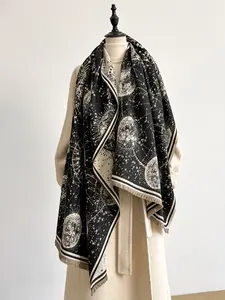 Women's Faux Wool Scarf with Galaxy Pattern, Warm and Stylish Shawl for Fall & Winter, Fashionable and Versatile Accessories, Galaxy Print Scarf, Galaxy Motif Scarf, Galaxy Themed Scarf, Tassel Decor Scarf