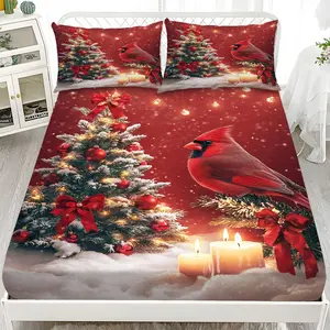 Fitted Sheet 3-Piece Set - 2D Flat Printing Christmas Red Sparrow Candle Christmas Tree Pattern Mattress Covers, Available in 10 Sizes (1*Fitted Sheet + 2*Pillowcases, No Filler). skin-friendly and breathable bedding, suitable for family bedrooms .
