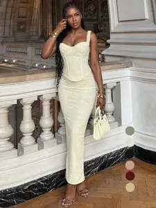 Two-Piece Set Women's Solid Color Fitted Top & Skirt, Elegant Fashion Casual Top & Skirt for Daily Outdoor Wear, Women's Clothing for Summer