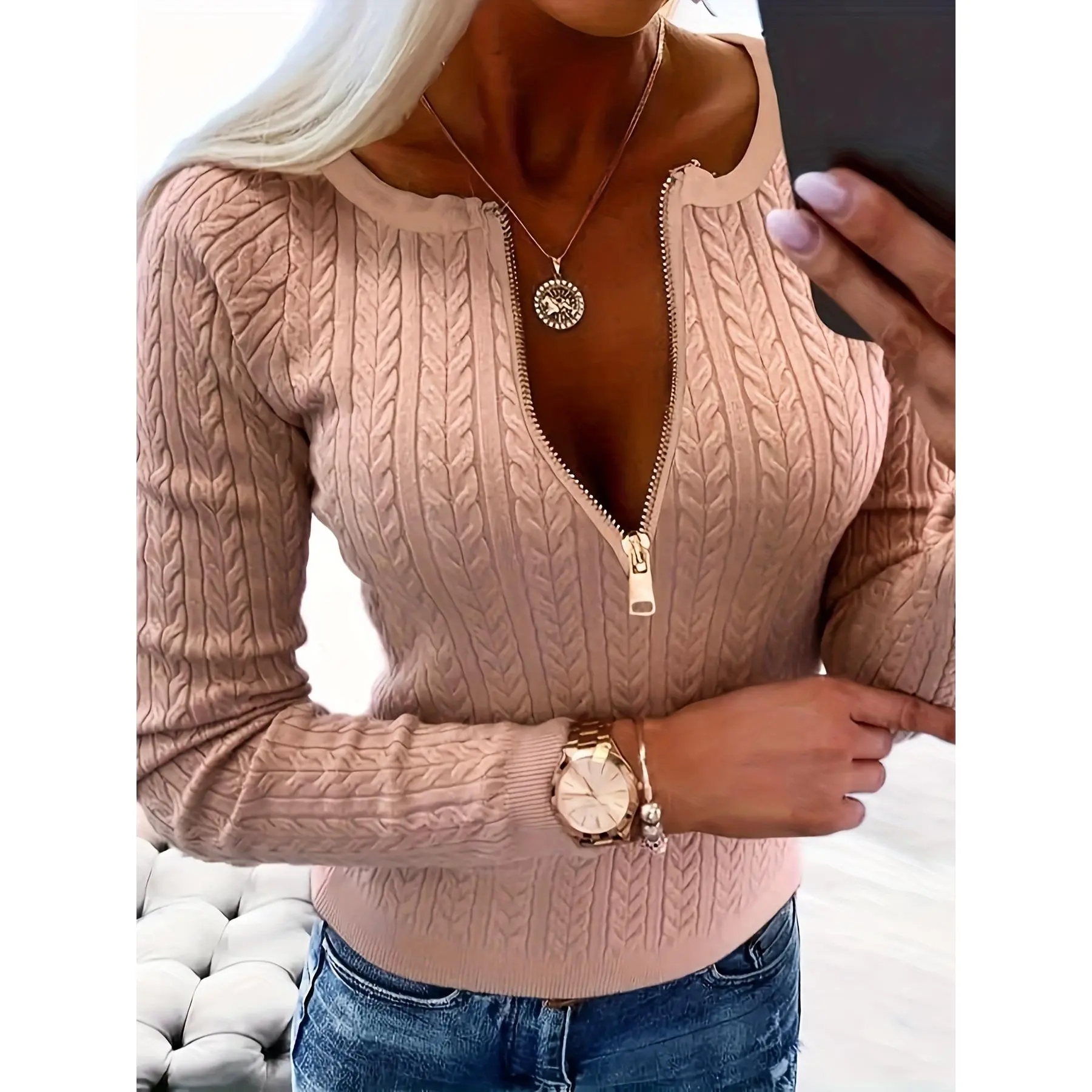 Womens Cable Knit Sweater with Solid Zip - Cozy Crew Neck, Slim Fit Long Sleeve Pullover - Perfect Casual Wear for Chic Style
