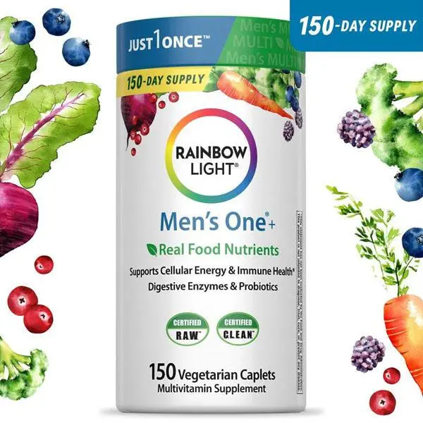 HOT ! Rainbow Light Mens Multivitamin One + | 150 Caplets | Supports Cellular Energy & Immune Health | with Vitamins C, D, and Zinc | Real Food Nutrients, Digestive Enzymes & Probiotics