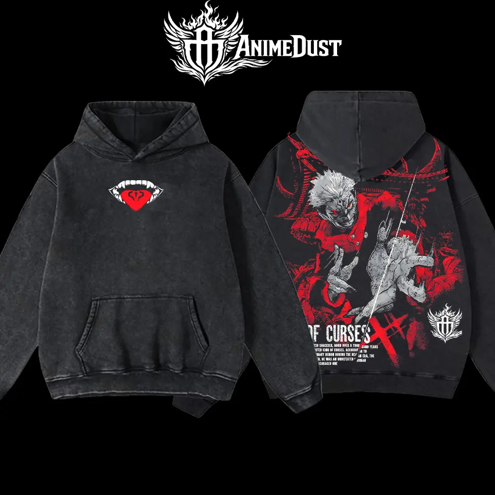 Men's Jujutsu Kaisen Sukuna King Of Curses Acid Wash Oversized Cotton T-Shirt - Unisex Tops, Seamless Sweatshirt With Red-Black Back Graphic, Pocket-Equipped Fan Gift, Sweatshirts, Everyday, Fabric, Hoodie, Piece