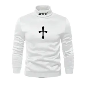 Men's Autumn Cross Print High Collar Long Sleeve Casual Hoodie Fabric Menswear Hem Polyester Stretch Sweatshirts Tops Regular Fit Avant-Garde Gothic Punk Style White Pullover Streetwear