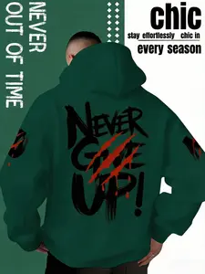 'never Give Up' Graffiti Pattern Loose Hoodie, Casual Streetwear Inspirational Sweatshirt for All Seasons, Fitted Geometric Style, Casual Hooded Sweatshirt