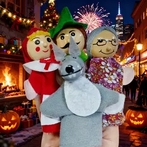 Wooden Little Riding Hood & Big Bad Wolf Finger Puppets Set, 4 Pieces Includes Granny & Hunter, Party Game Props, Holiday Gift