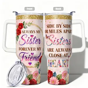Stainless Steel Cup 40oz/30oz Water Bottle, Leakproof Insulated Tumbler, Floral Design: Always My Sister Forever My Friend Double-layer insulation Leakproof Large Capacity, Ideal for Gym, Hiking, Travel, Vacuum Insulated Tumbler