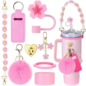 Cup Accessories for 30oz & 40oz Tumbler with Handle, 8Counts/set Including Handle Strap & Bottle Bottom Cover &Keychain Charms & Straw Topper Cover Cap, Party Gift