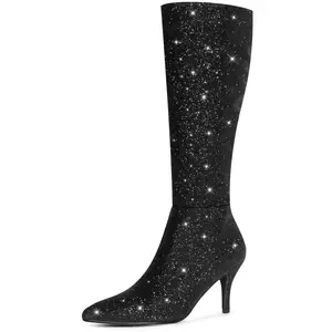 BLISSFUL STEP Pointed Toe Sparkly Boot Stiletto Heel Glitter Knee High Boots For Women