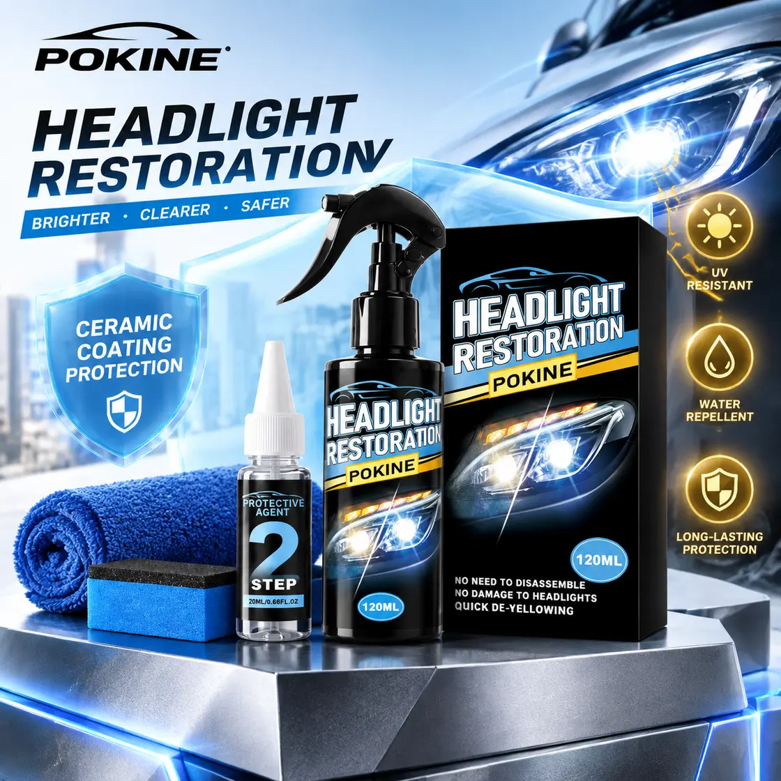 POKINE No-Sand Car Headlight Ceramic Coating Kit - Organic Silicon Dioxide Headlight Restorer with Antioxidant Properties (120ML Cleaning Solution + 20ML Protective Coating) for Transparency Restoration, Yellowing Maintenance (1 kit)