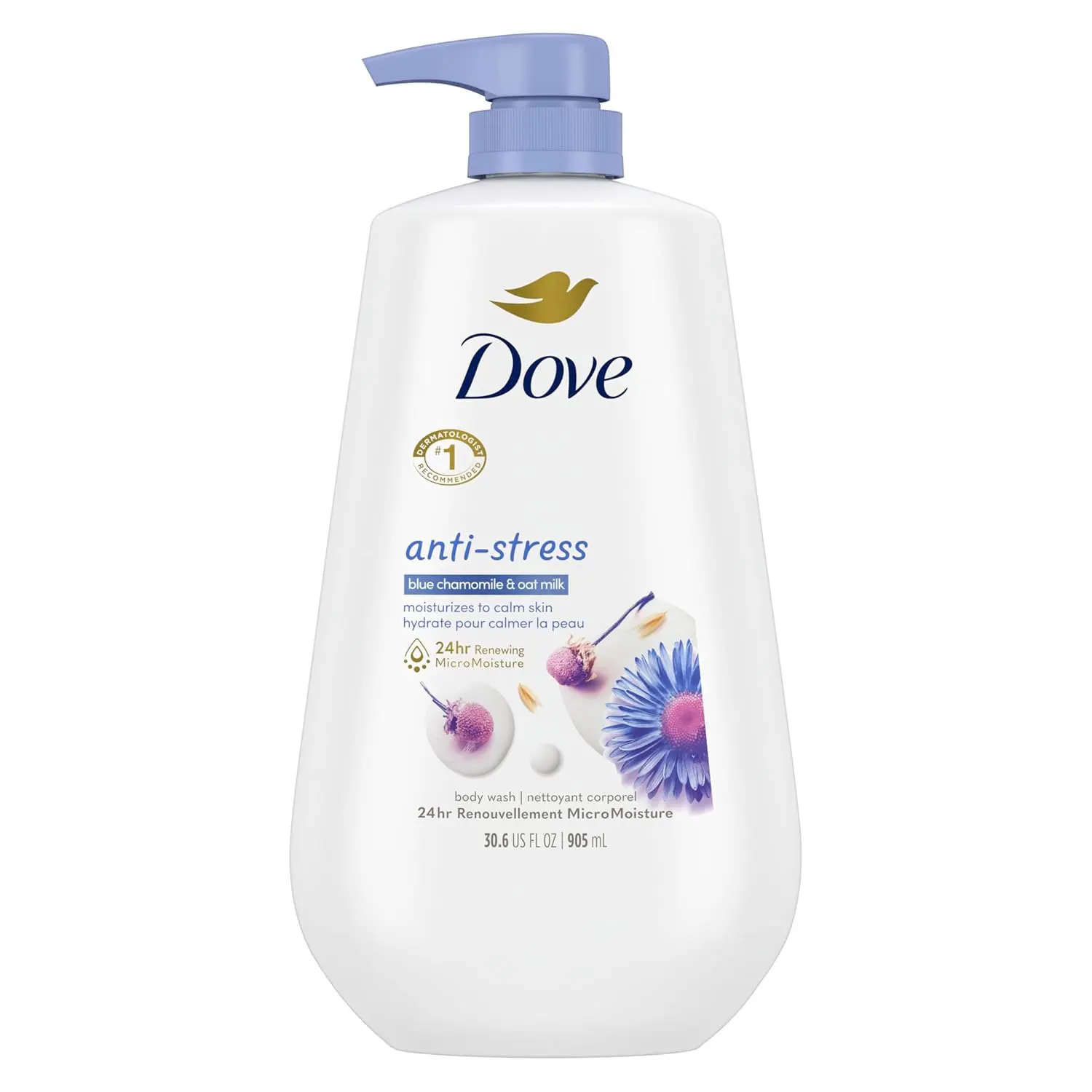 Dove Body Wash Blue Chamomile & Oat Milk 30.6z Pump, Sulfate Free | Dove Blue Chamomile & Oat Milk Body Wash hydrates skin for 24 hours with MicroMoisture technology and a calming scent.