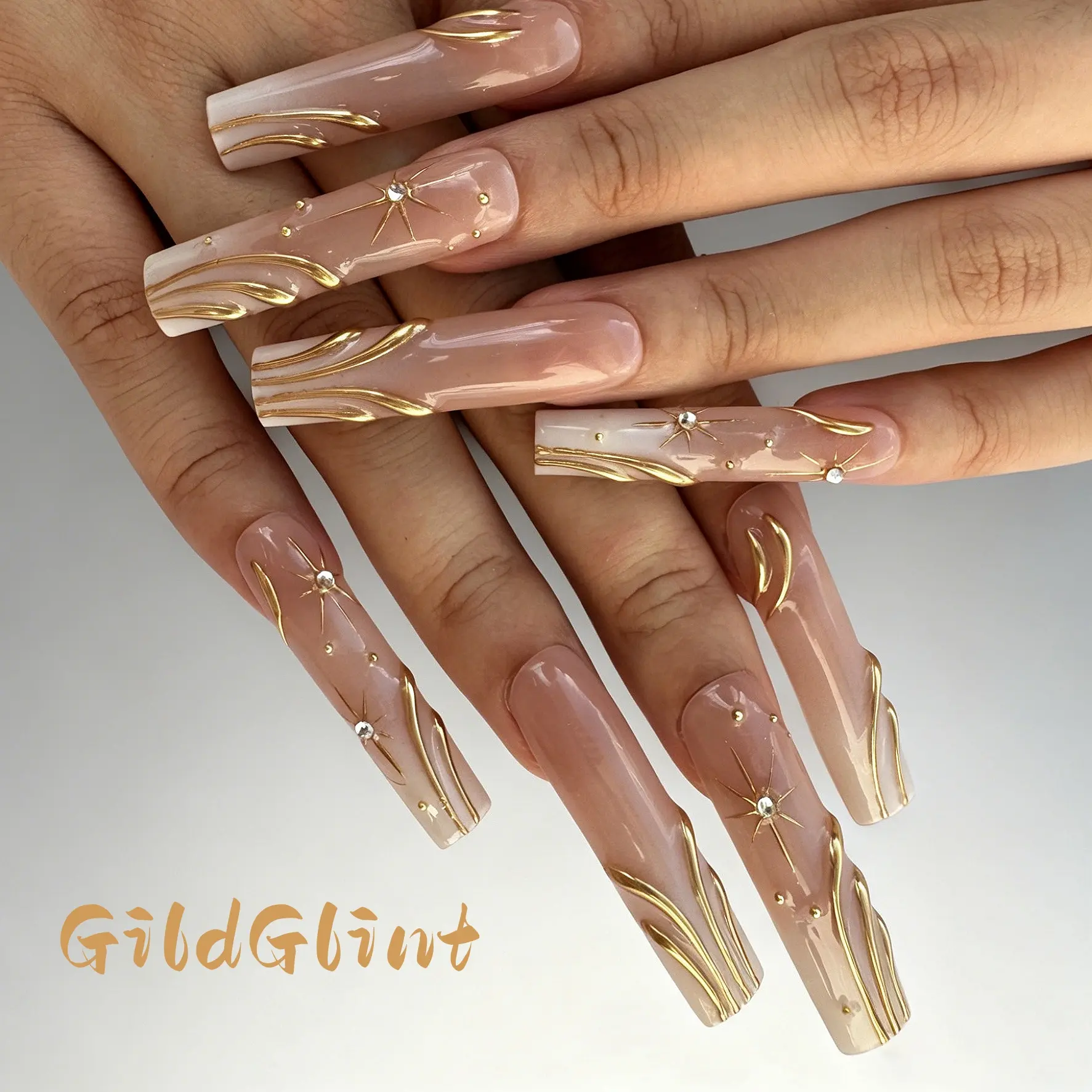 Handmade Press-on Nails | Minimalist Liquid Gold & White Pearl Art | 3D Embossed Luxury Design | Salon Grade Reusable Gel Nails | Square Mid & Regular Length