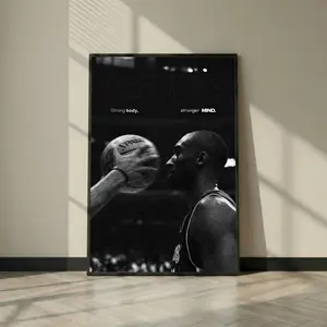 Kobe Bryant Wall Art Print, Strong Body Stronger Mind Poster, Black and White Basketball Art, Mamba Mentality Quote, NBA Sports Decor( Unframed - Print Only )