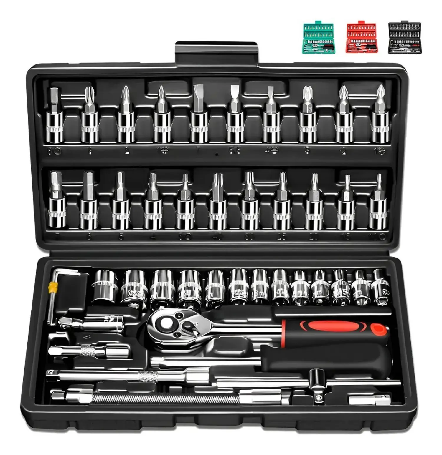 46pcs 1/4 Inch Drive Socket Ratchet Wrench Set, Car Repair Machinery Tools Set, Bit Socket Set Metric with Extension Bar, Auto Repairing Household Machinery Tools with Storage Case, Springtok Tool Box Hardware, Gifts for Man Husband and Father