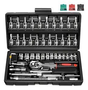 46pcs 1/4 inch Drive Socket Ratchet Wrench Set, Car Repair Machinery Tools Set with Bit Socket Set Metric and Extension Bar for Auto Repairing, Household Machinery Tools with Storage Case, Gifts for Man, Husband and Father, Springtok Tool Box Hardware
