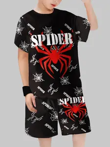 Bottom Spider Cool Set, Spider Web Boy Short Sleeve Two-Piece Set, Casual Fitted Cartoon Pattern, Kids Summer