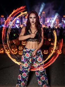 Rave Pants Women Wide Leg Joggers Neon Daisy Floral - Festival Outfit Rave Clothing - EDM Lounge Pants - PLUR Rave Outfit EDC Festival Pants Plus Size
