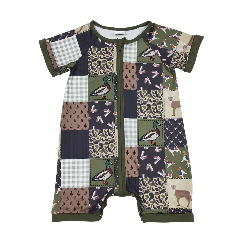 SR0902 Baby Clothes Green Hunting Milk Silk Mallard Ducks Shorts Sleeve Romper